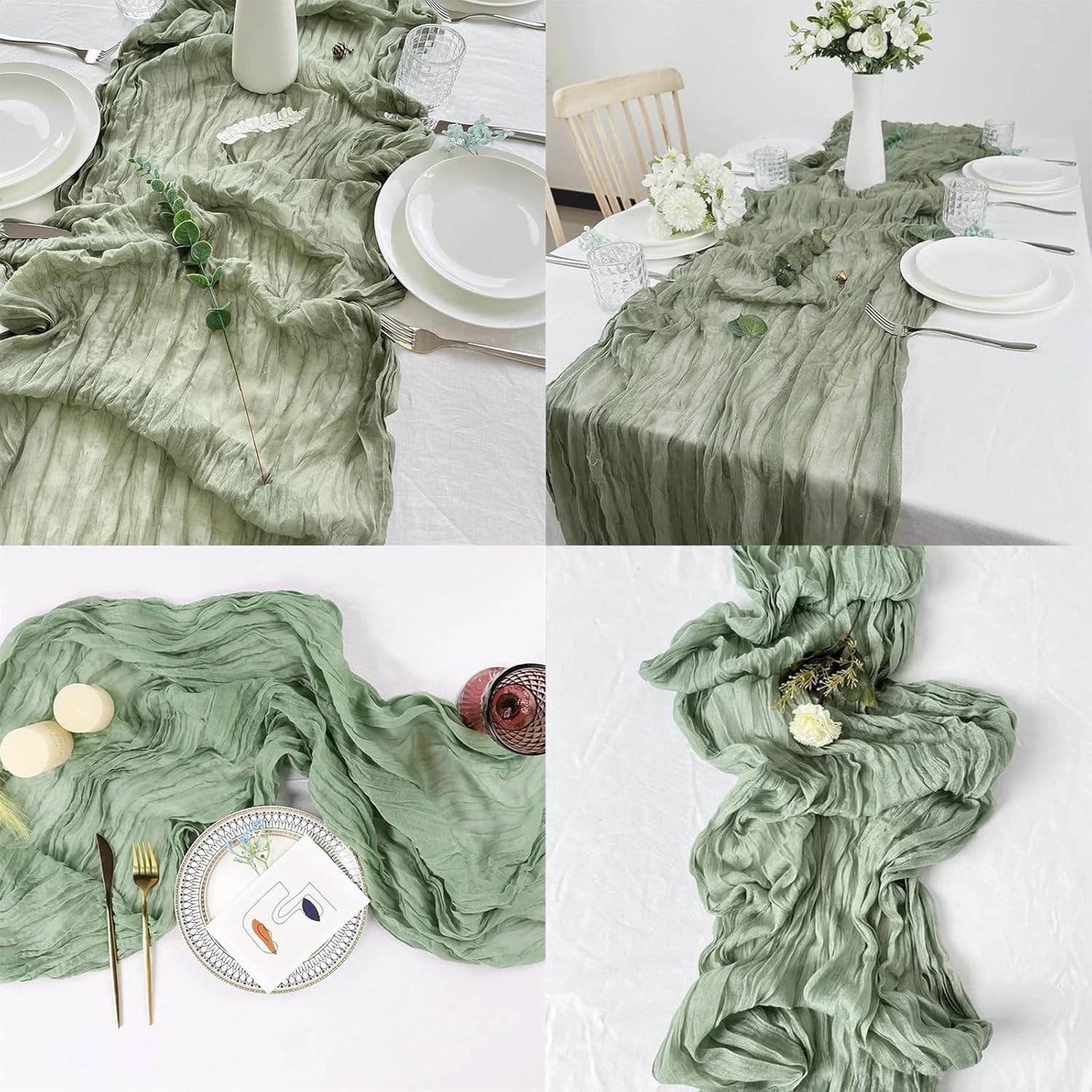 4 Pack Sage Green Cheesecloth Table Runner 120" Boho Gauze Rustic Wedding Decor - Thumbnail 9