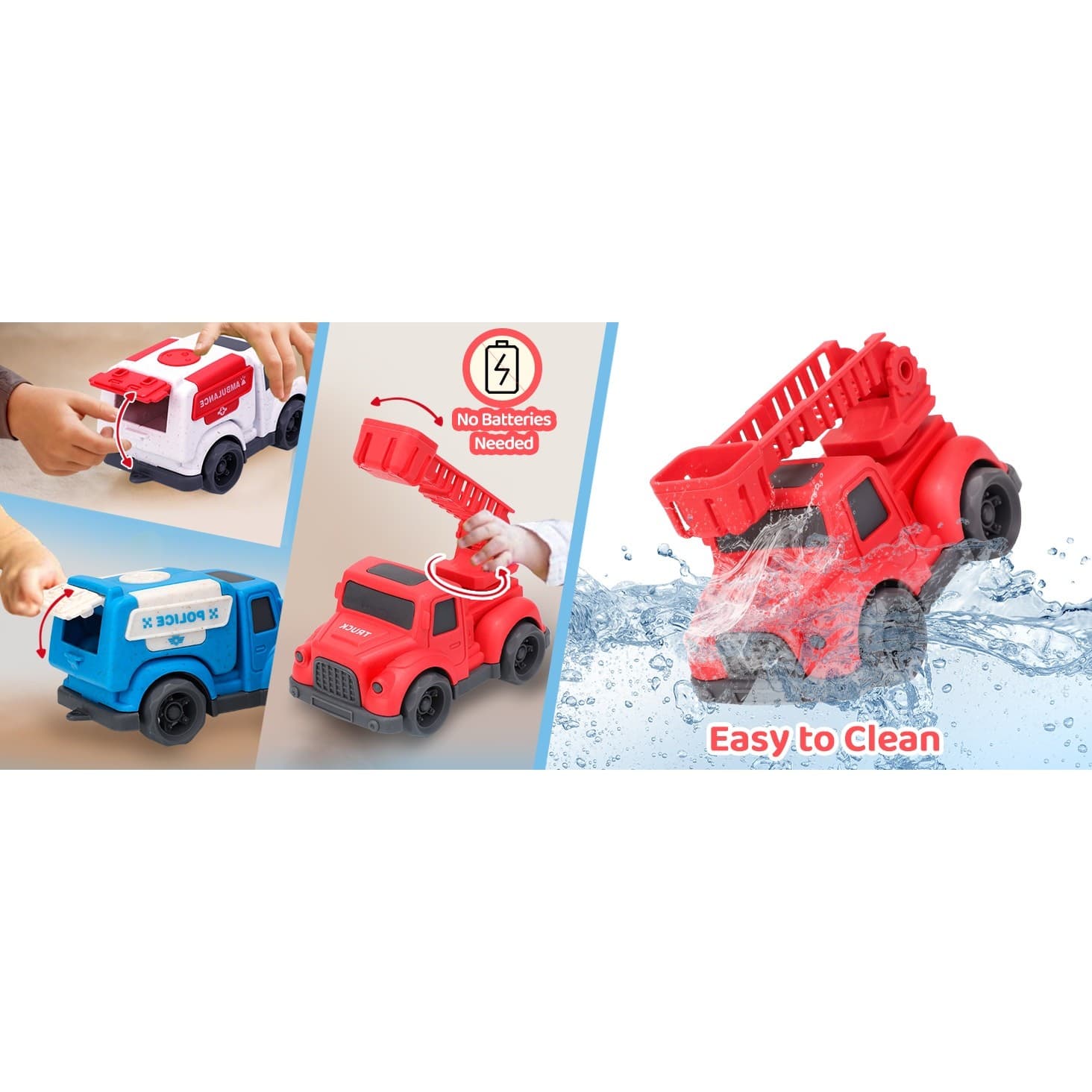 3 Pack Toddler Rescue Trucks Set Police Fire Ambulance Pvc- BPA- Phthalates Free - Thumbnail 9