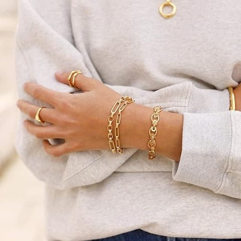 18K Gold Plated Chunky Oval Link Toggle Bracelet for Women 7.87" Cuban Style - Thumbnail 2