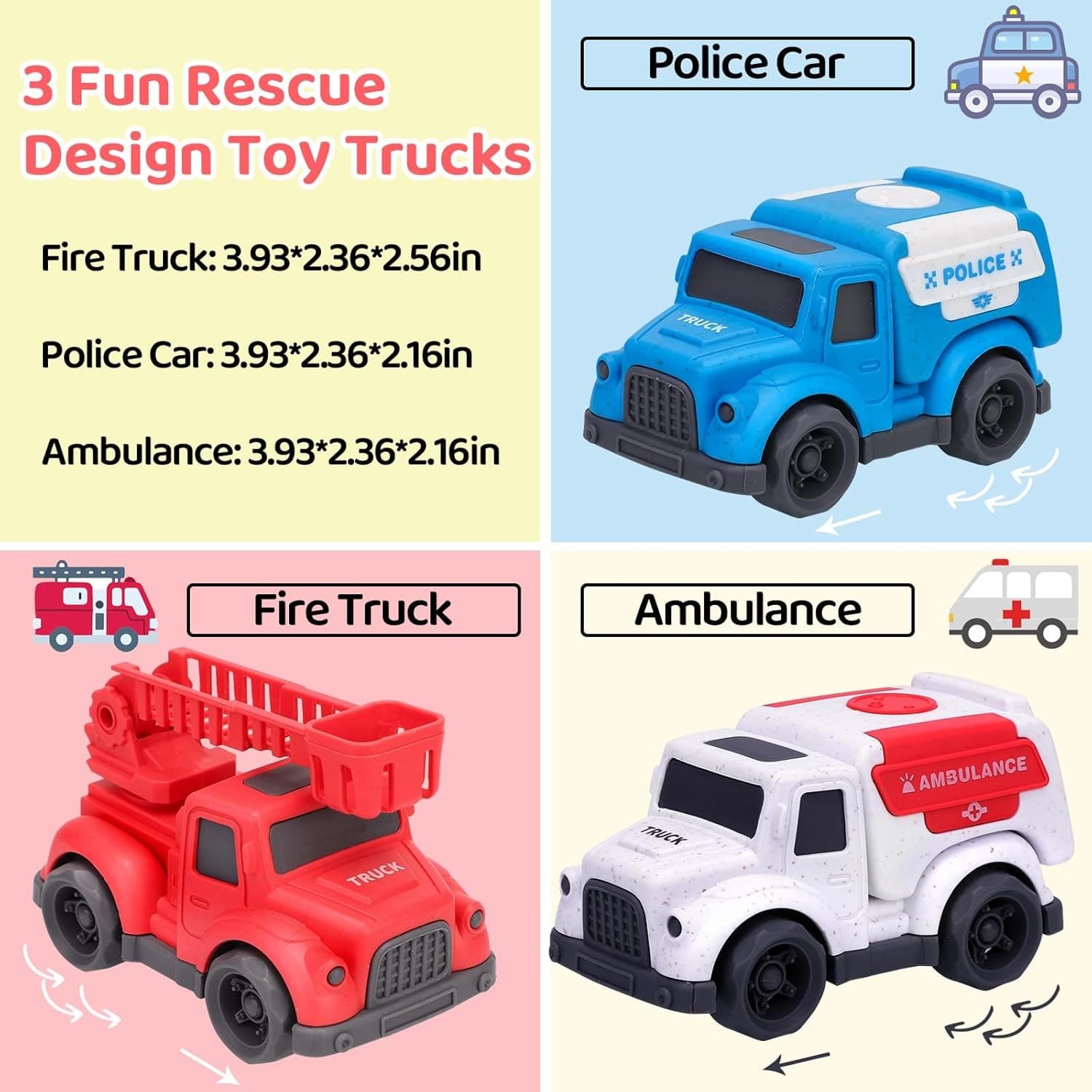 3 Pack Toddler Rescue Trucks Set Police Fire Ambulance Pvc- BPA- Phthalates Free - Thumbnail 2