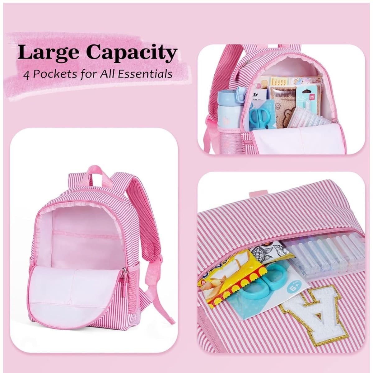 Pink Seersucker Kids Backpack with Initial Letter | Toddler Preschool Girl Bag - Thumbnail 3