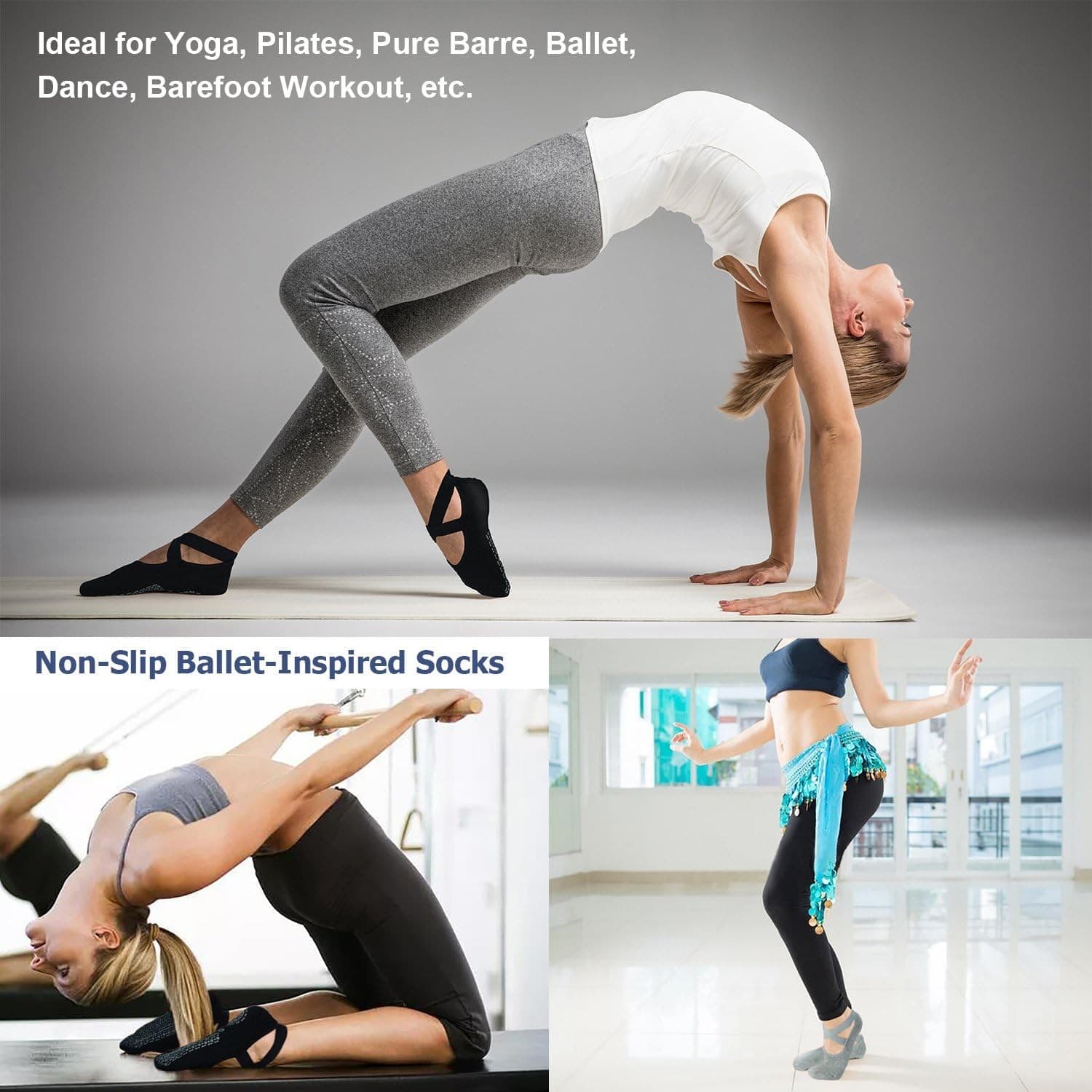 Women’s Non-Slip Ballet Yoga Socks with Straps, Pilates Barre Grip Socks 2 Pairs - Thumbnail 3