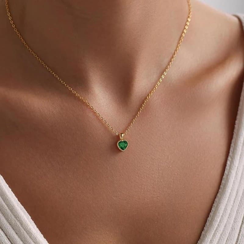 Emerald Green Heart Pendant Necklace Gold Tone CZ Dainty Women Gift Adjustable - Thumbnail 2