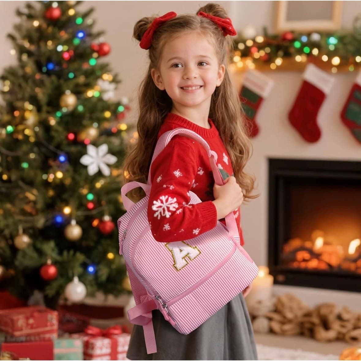 Pink Seersucker Kids Backpack with Initial Letter | Toddler Preschool Girl Bag - Thumbnail 4