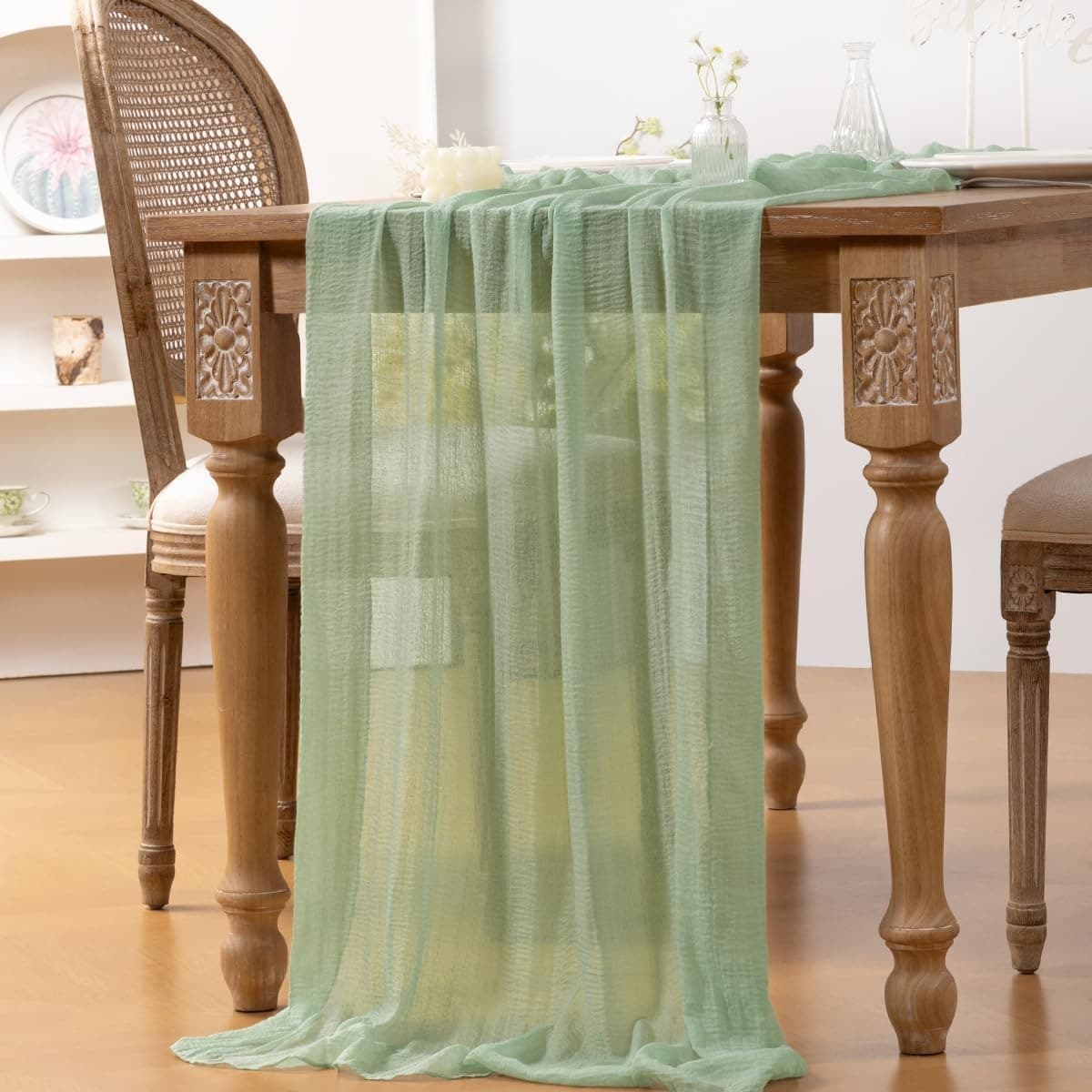 4 Pack Sage Green Cheesecloth Table Runner 120" Boho Gauze Rustic Wedding Decor - Thumbnail 6