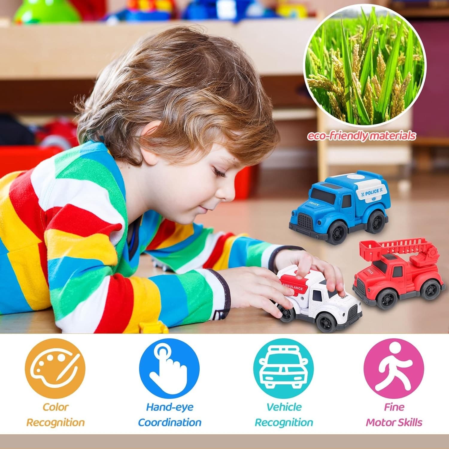 3 Pack Toddler Rescue Trucks Set Police Fire Ambulance Pvc- BPA- Phthalates Free - Thumbnail 7
