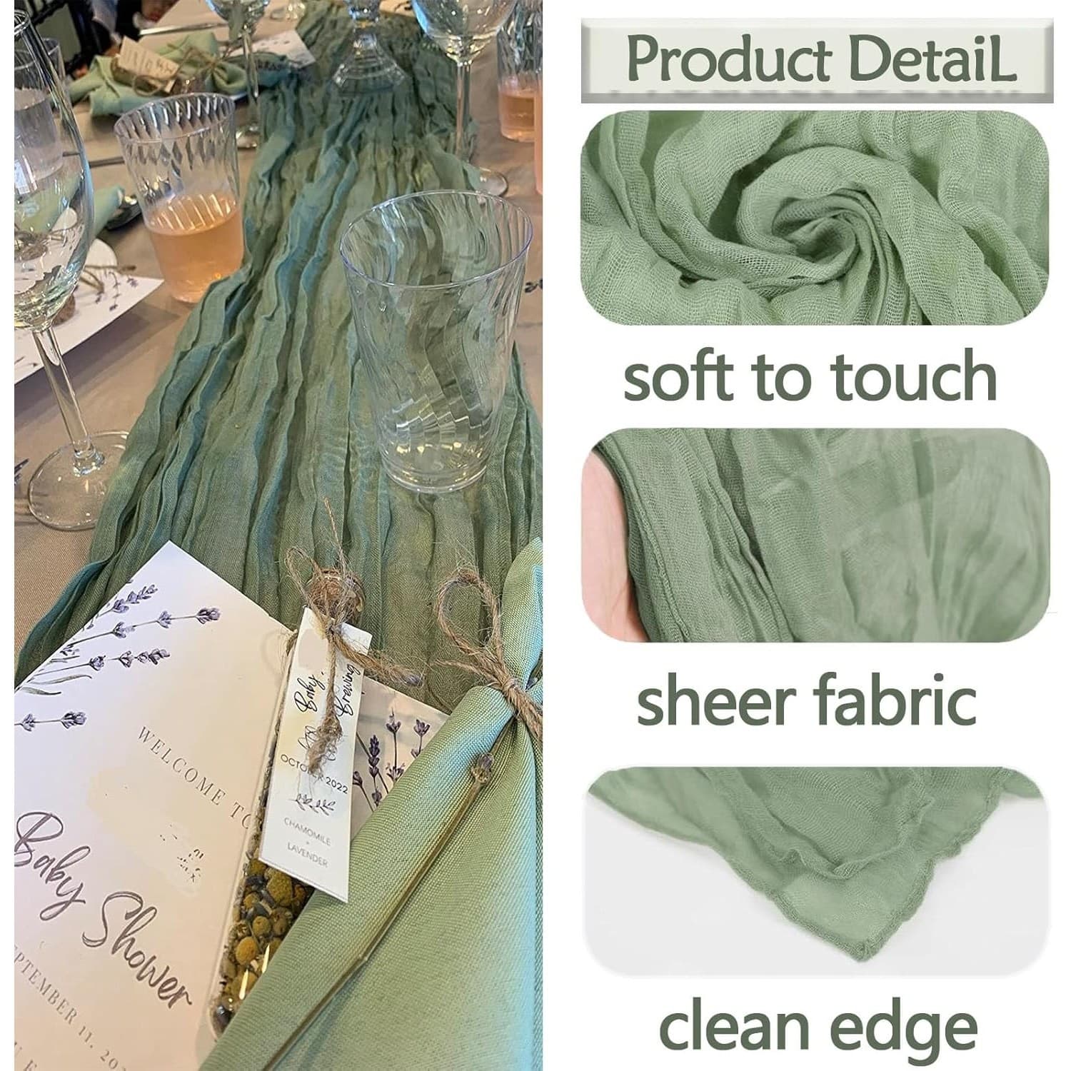 4 Pack Sage Green Cheesecloth Table Runner 120" Boho Gauze Rustic Wedding Decor - Thumbnail 8