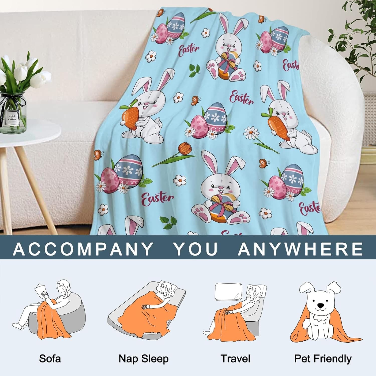 Easter Bunny Throw Blanket 80x60 Soft Flannel Cozy Lightweight Warm Spring Decor - Thumbnail 4