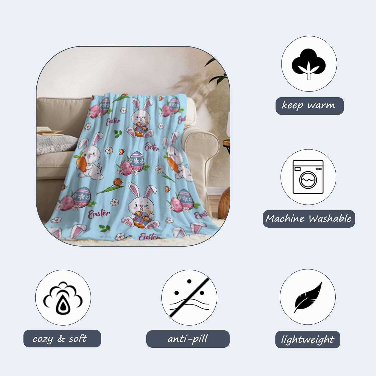 Easter Bunny Throw Blanket 80x60 Soft Flannel Cozy Lightweight Warm Spring Decor - Thumbnail 3