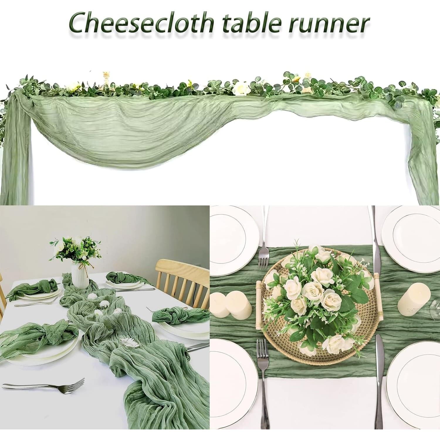 4 Pack Sage Green Cheesecloth Table Runner 120" Boho Gauze Rustic Wedding Decor - Thumbnail 5