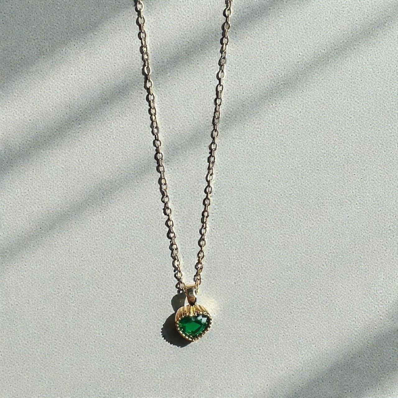 Emerald Green Heart Pendant Necklace Gold Tone CZ Dainty Women Gift Adjustable - Thumbnail 3