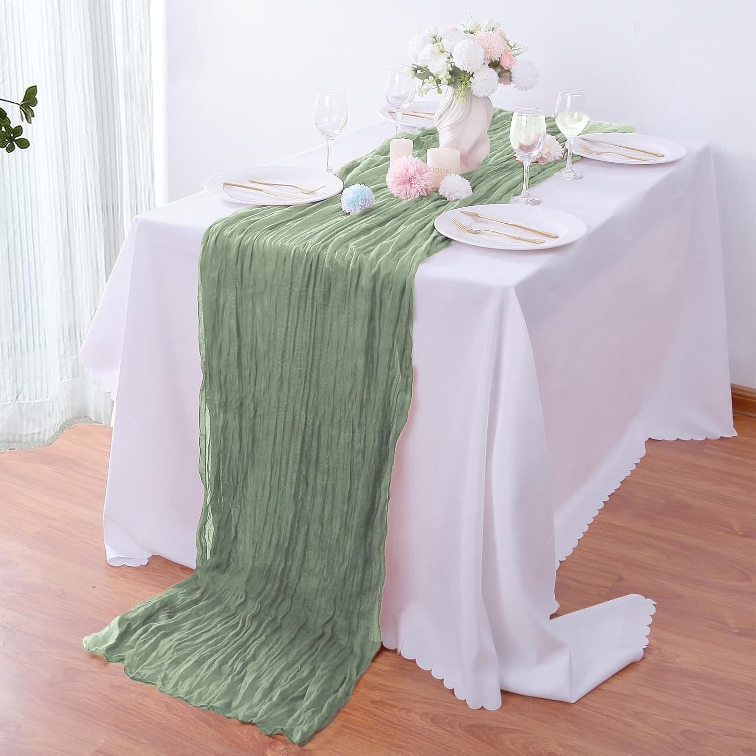 4 Pack Sage Green Cheesecloth Table Runner 120" Boho Gauze Rustic Wedding Decor - Thumbnail 4