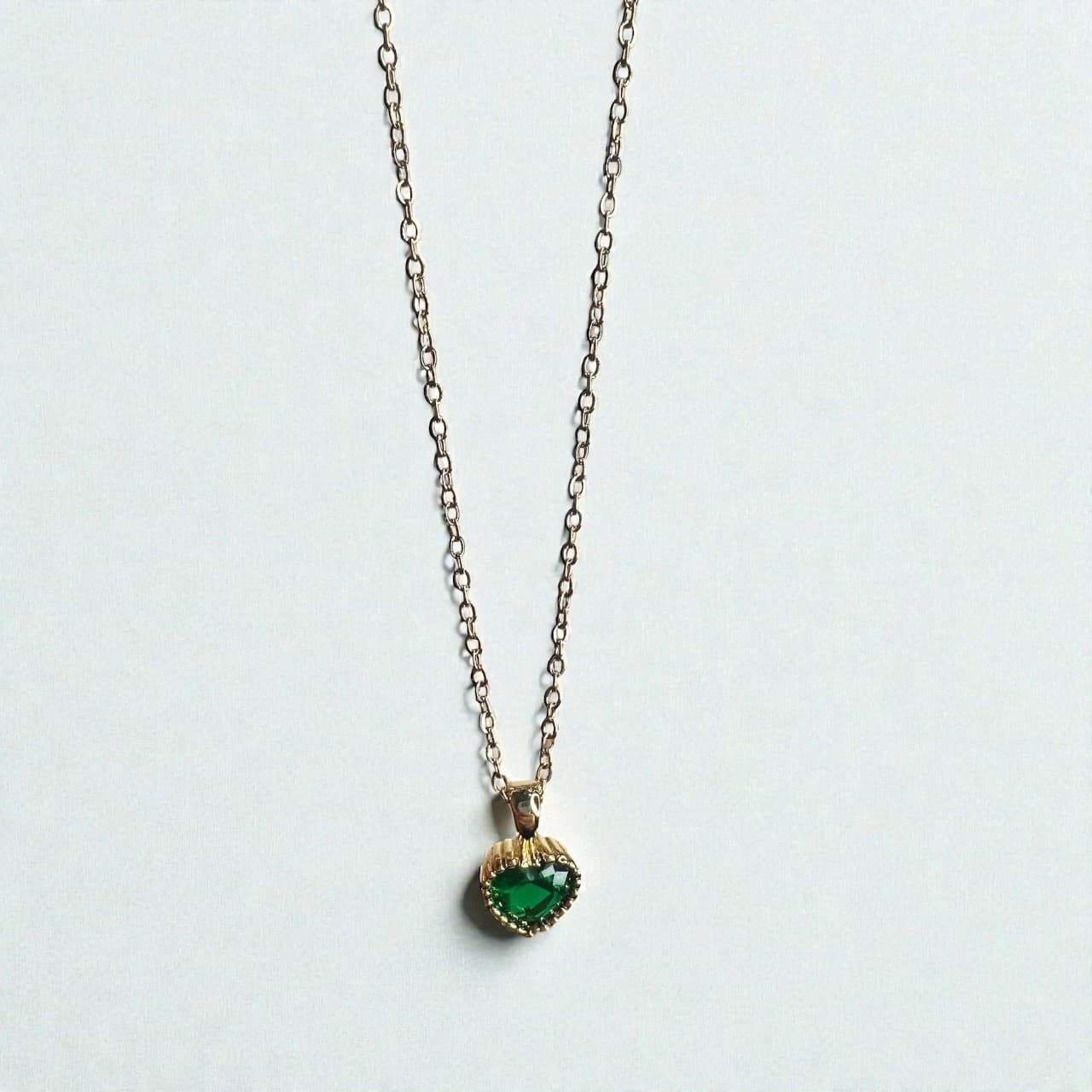 Emerald Green Heart Pendant Necklace Gold Tone CZ Dainty Women Gift Adjustable - Thumbnail 4