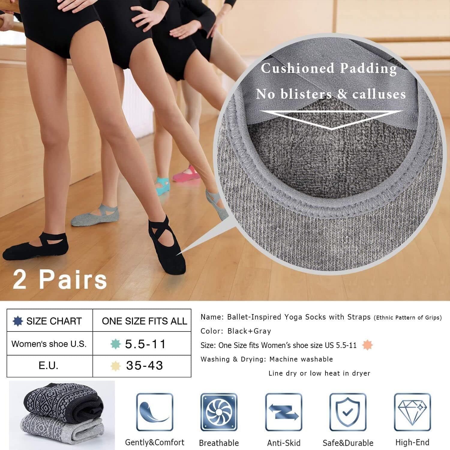 Women’s Non-Slip Ballet Yoga Socks with Straps, Pilates Barre Grip Socks 2 Pairs - Thumbnail 5