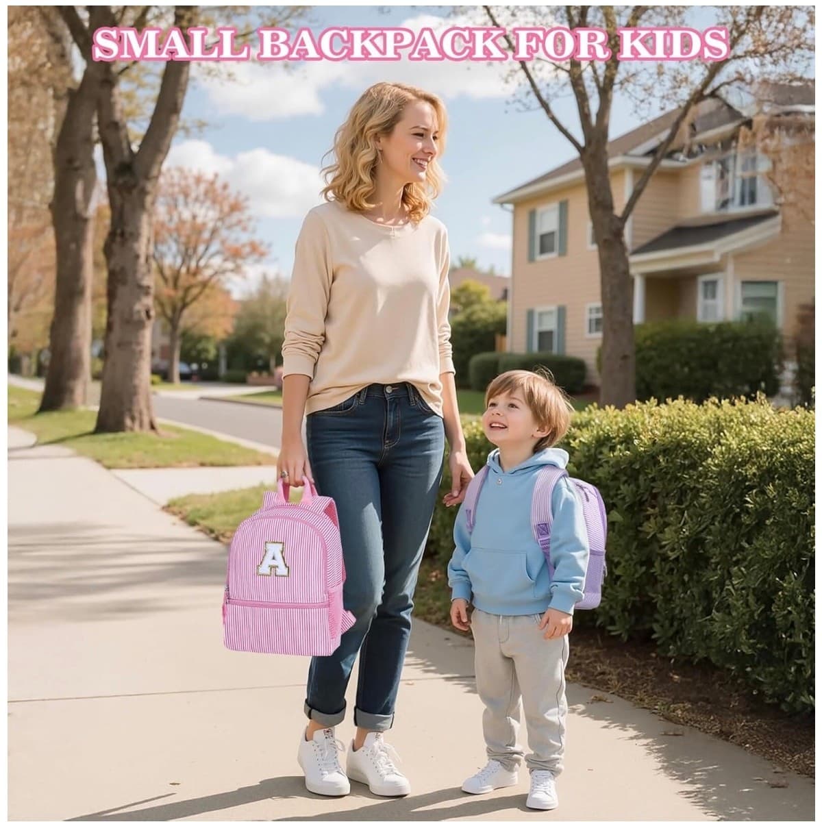 Pink Seersucker Kids Backpack with Initial Letter | Toddler Preschool Girl Bag - Thumbnail 7