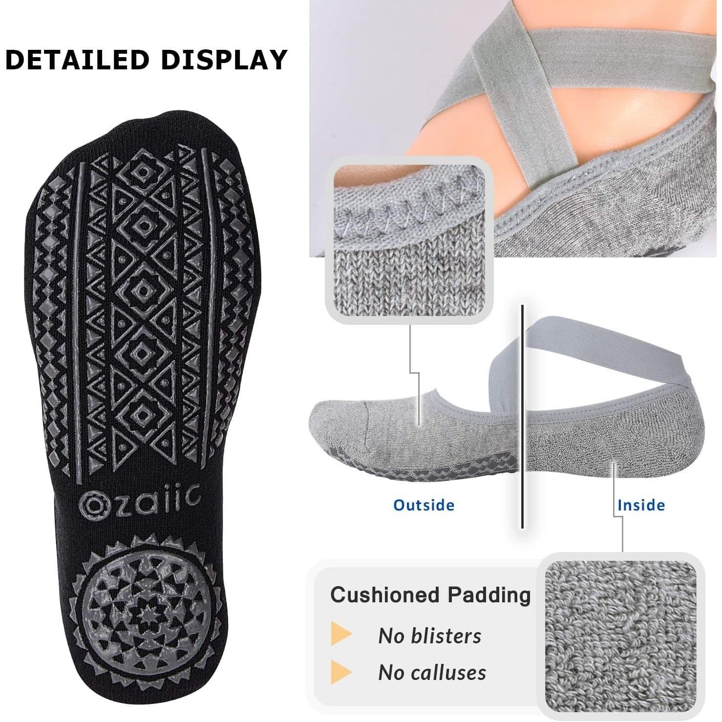Women’s Non-Slip Ballet Yoga Socks with Straps, Pilates Barre Grip Socks 2 Pairs - Thumbnail 2