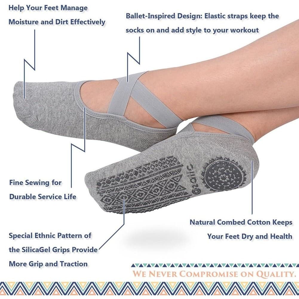 Women’s Non-Slip Ballet Yoga Socks with Straps, Pilates Barre Grip Socks 2 Pairs - Thumbnail 4
