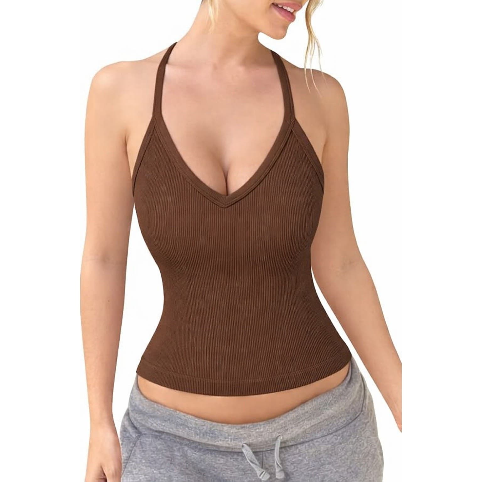 Women Ribbed V Neck Tank Top Brown Stretch Fitted Cami Sleeveless Size M - Thumbnail 2