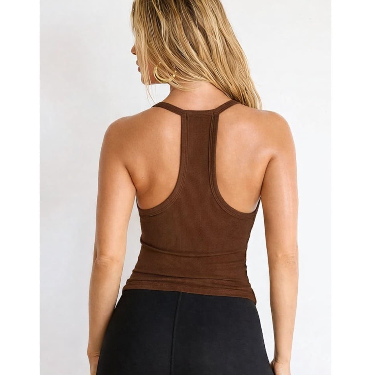 Women Ribbed V Neck Tank Top Brown Stretch Fitted Cami Sleeveless Size M - Thumbnail 3