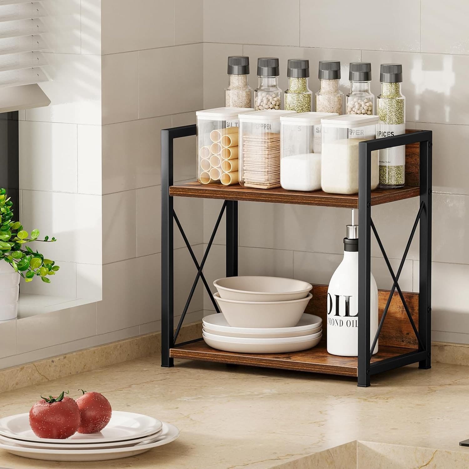 2 Tier Spice Rack Organizer Kitchen Counter Coffee Bar Storage Wood Shelf - Thumbnail 2