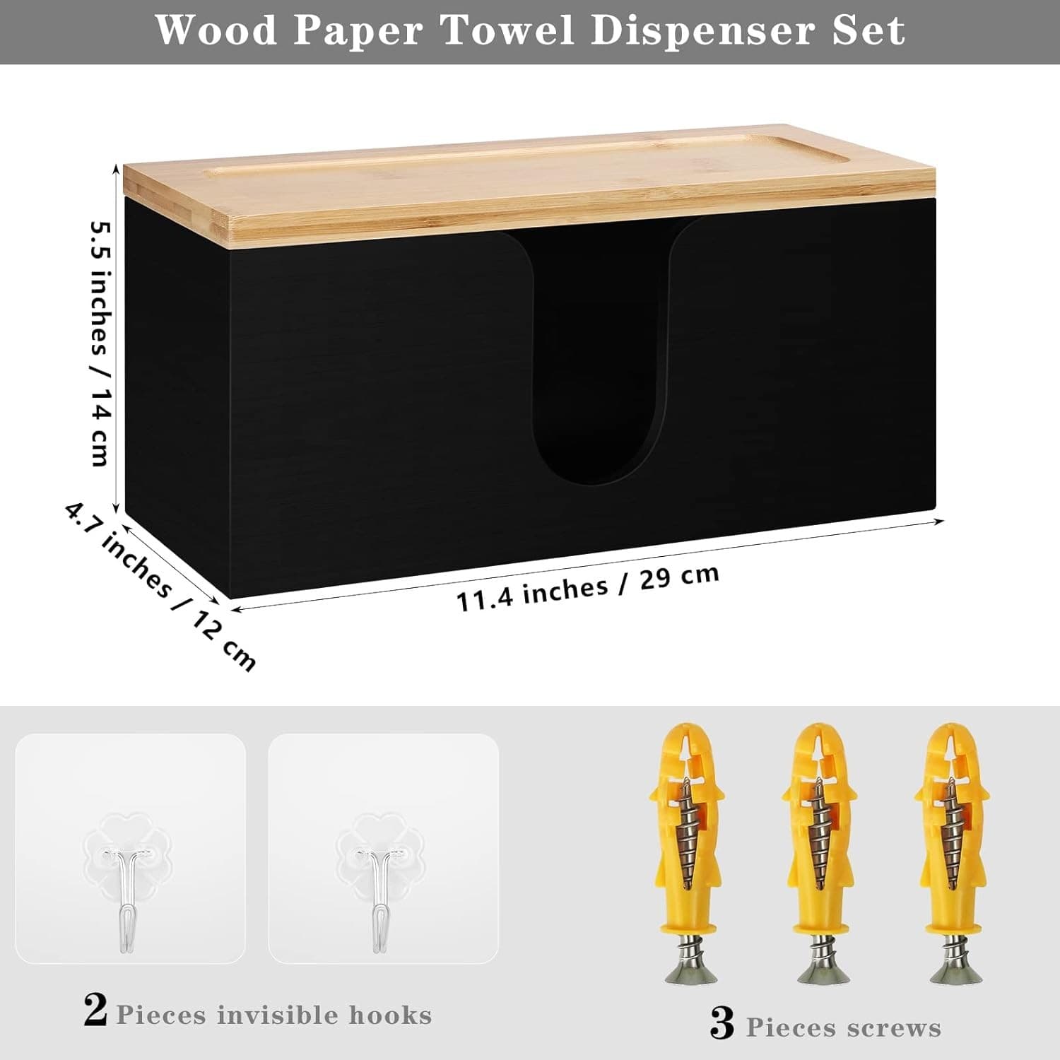 Wood Paper Towel Holder Wall Mount Dispenser Kitchen Napkin Rack Bamboo Lid - Thumbnail 3