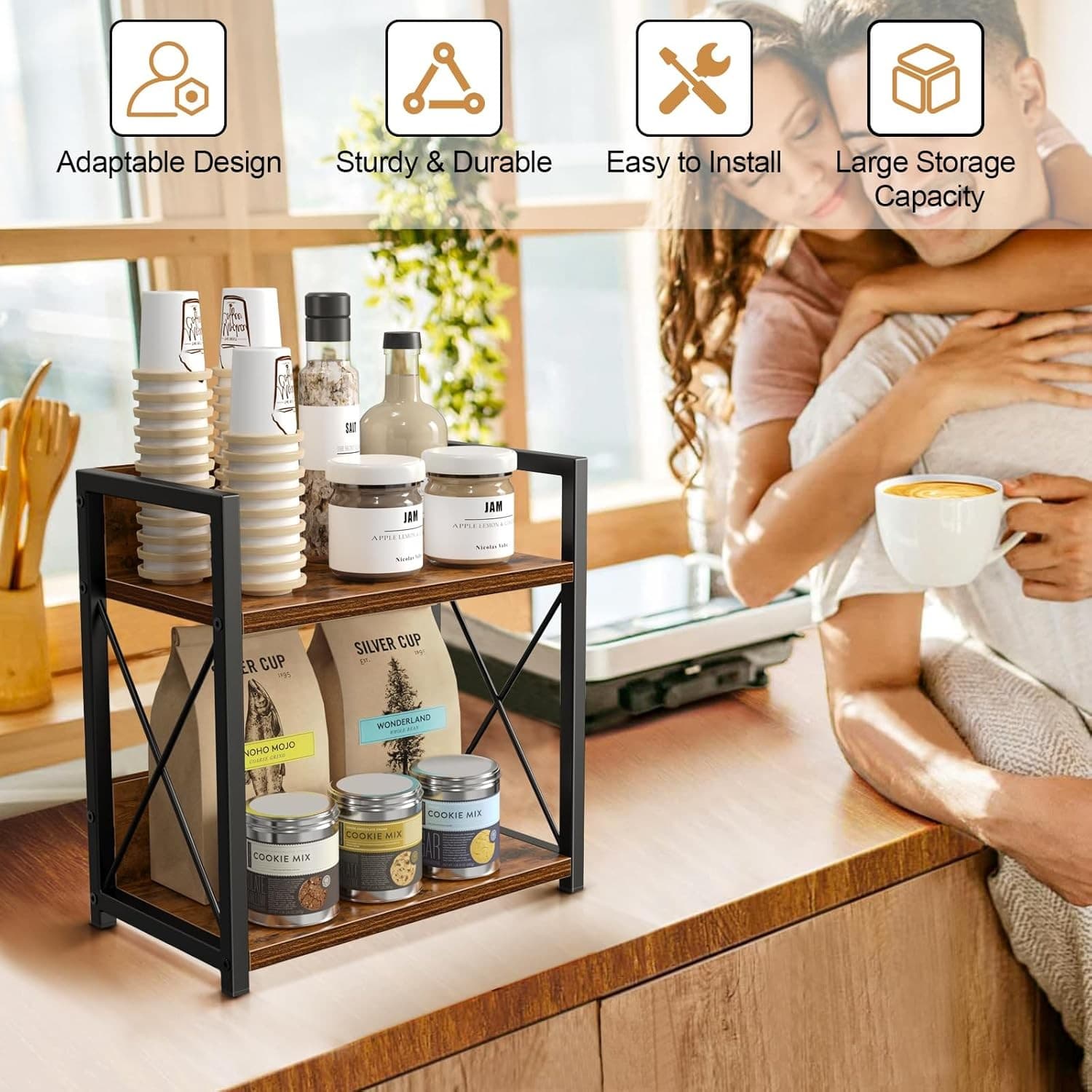 2 Tier Spice Rack Organizer Kitchen Counter Coffee Bar Storage Wood Shelf - Thumbnail 8