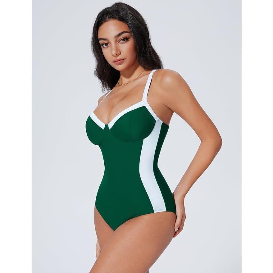 Green Tummy Control One Piece Swimsuit Crisscross Back Push Up Size L - Thumbnail 4