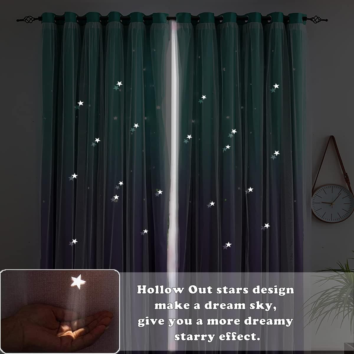 Kids Princess Star Curtains Purple Teal Blackout Sheer 84x52 1 Panel - Thumbnail 4