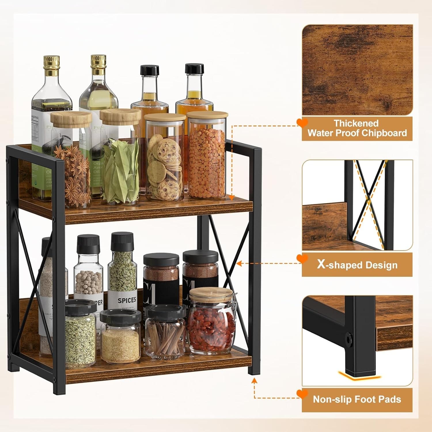 2 Tier Spice Rack Organizer Kitchen Counter Coffee Bar Storage Wood Shelf - Thumbnail 7