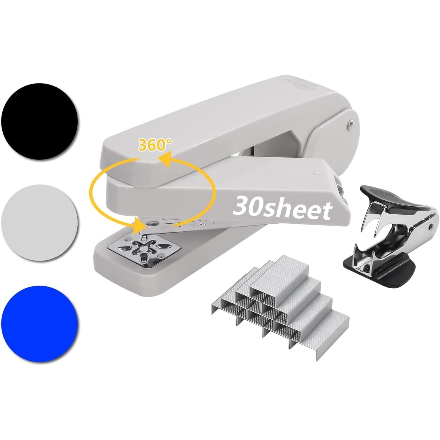 360° Rotating Desk Stapler 30 Sheet Capacity w/ Staple Remover & Staples – Gray - Thumbnail 2