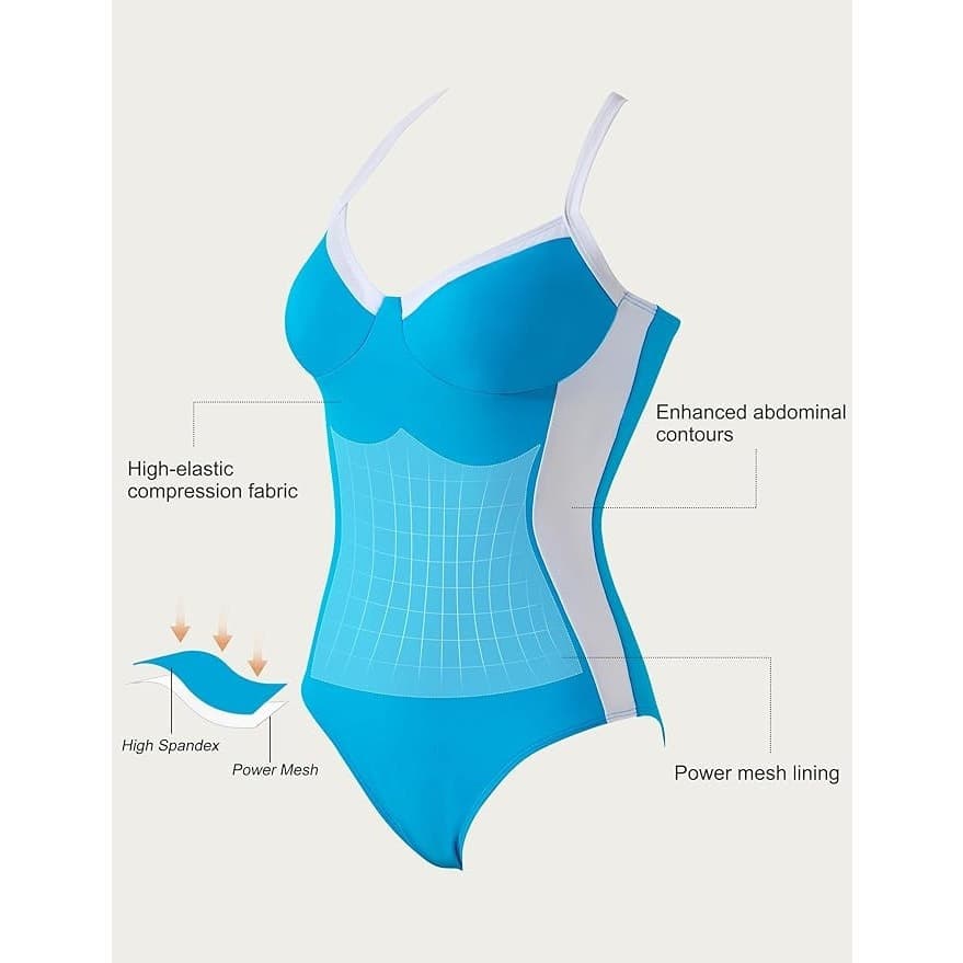 Blue Tummy Control One Piece Swimsuit Crisscross Back Push Up XL Slimming - Thumbnail 5