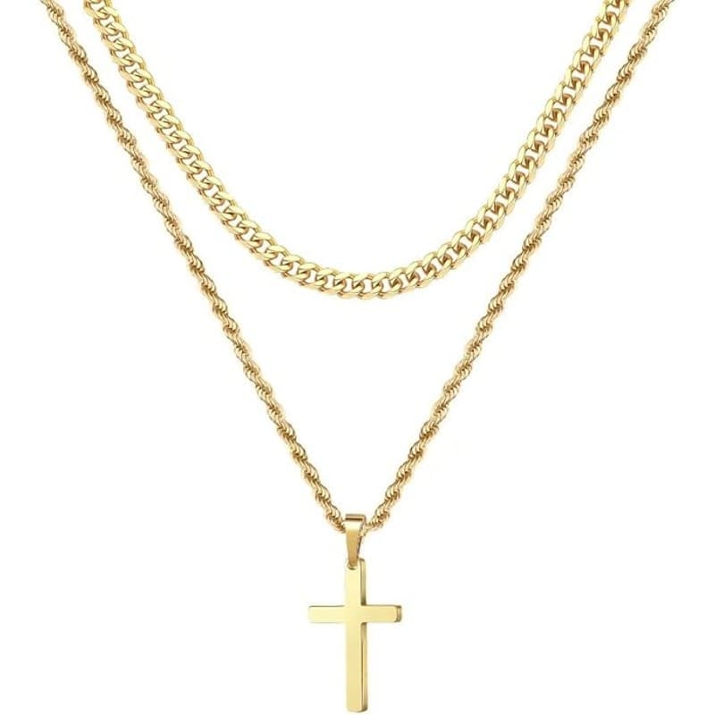 18K Gold Plated Layered Cross Necklace for Men | 18" & 20" Chains | Unisex - Thumbnail 3