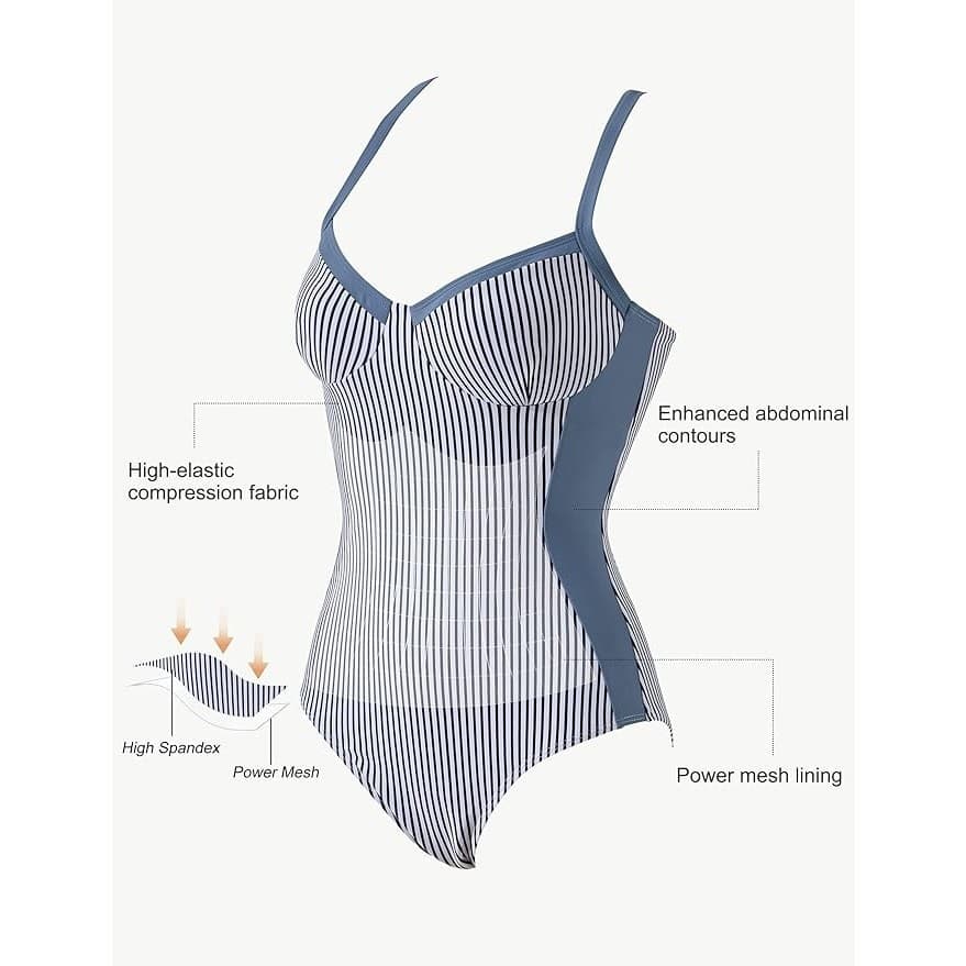Striped Blue Tummy Control One Piece Swimsuit Crisscross Back Push Up Size M - Thumbnail 5