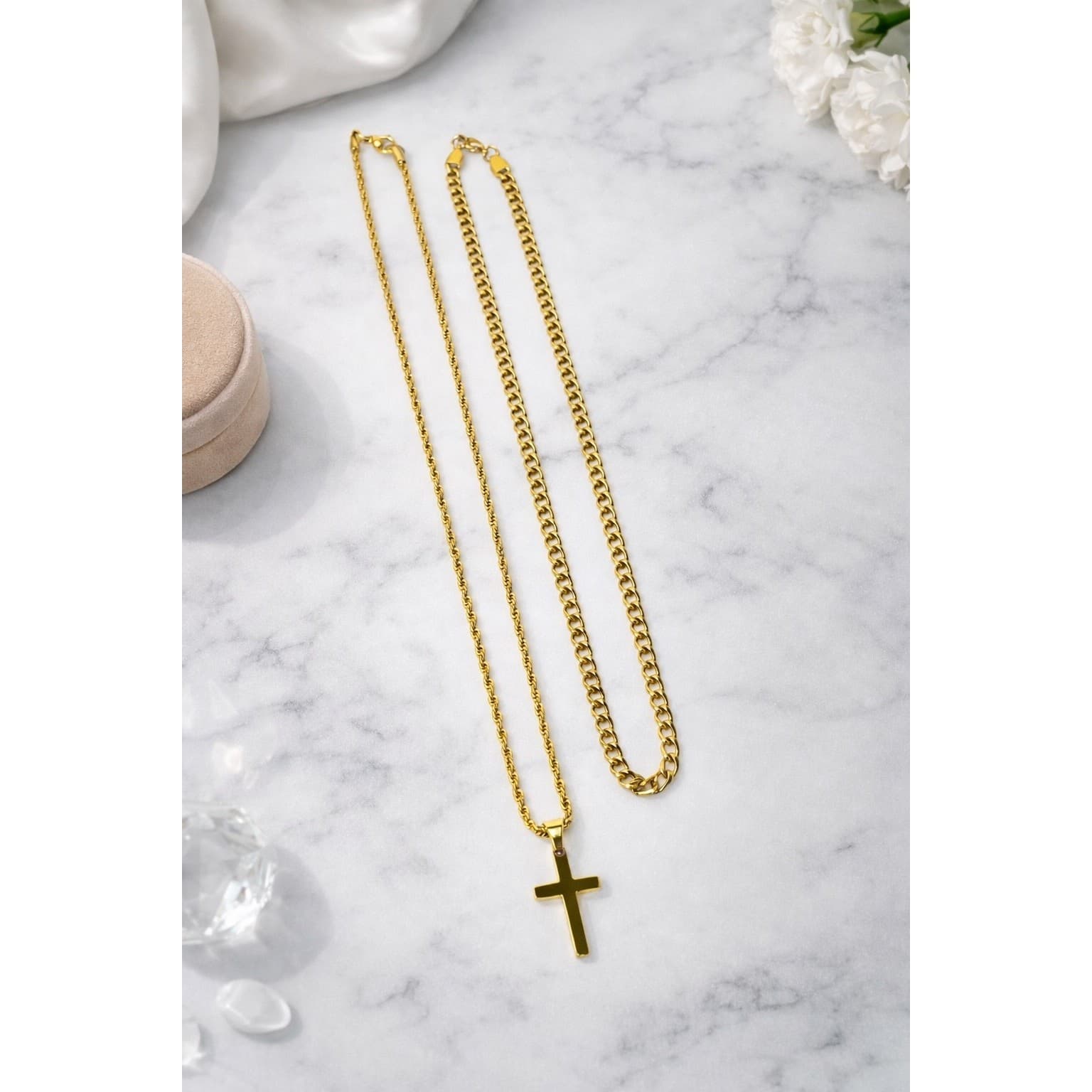 18K Gold Plated Layered Cross Necklace for Men | 18" & 20" Chains | Unisex - Thumbnail 5