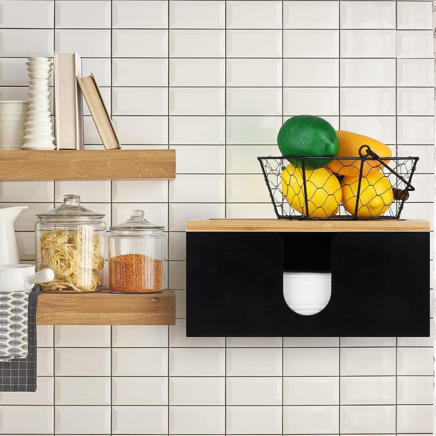 Wood Paper Towel Holder Wall Mount Dispenser Kitchen Napkin Rack Bamboo Lid - Thumbnail 6