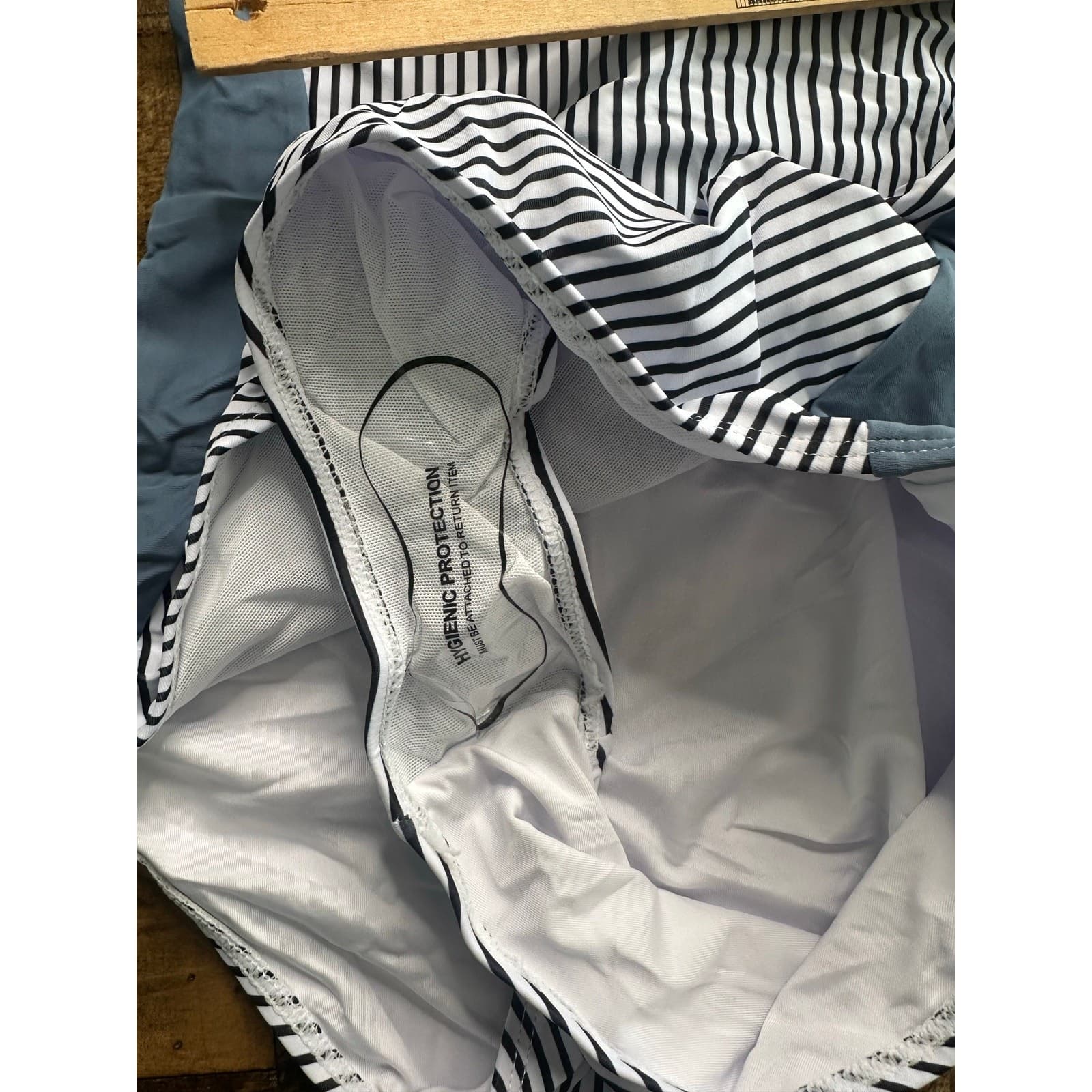 Striped Blue Tummy Control One Piece Swimsuit Crisscross Back Push Up Size M - Thumbnail 9