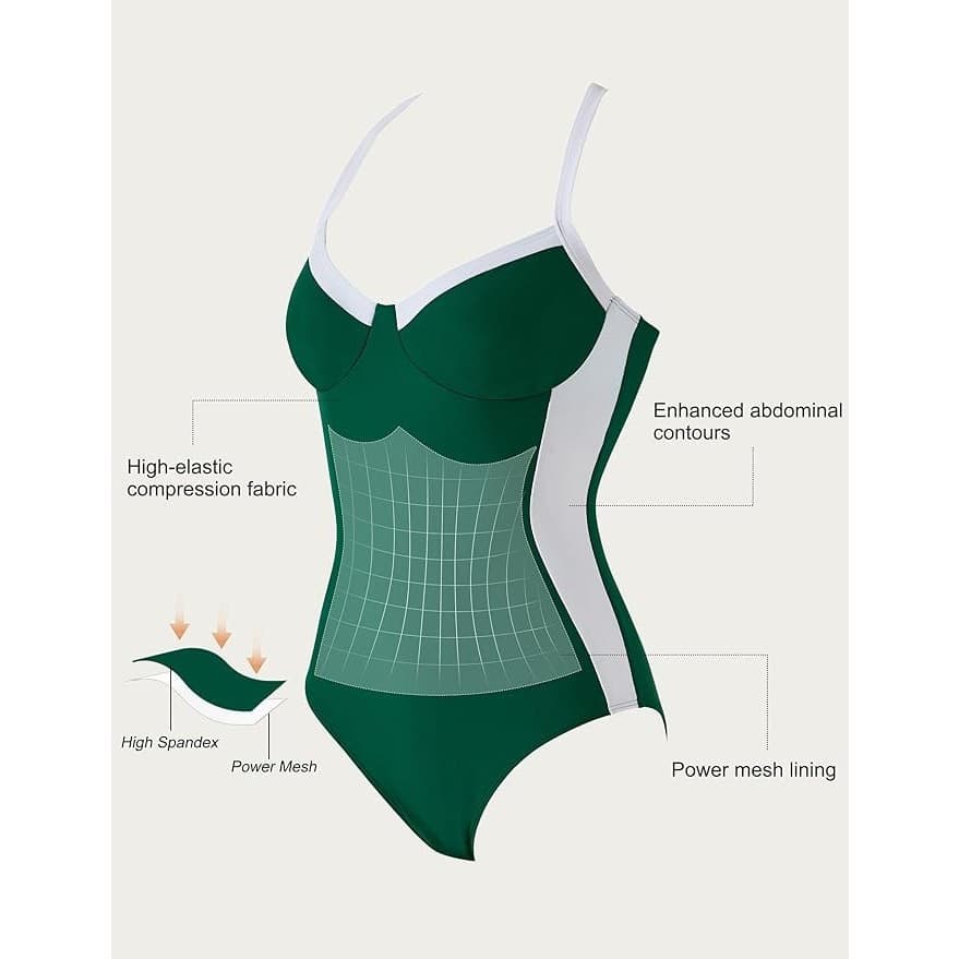 Green Tummy Control One Piece Swimsuit Crisscross Back Push Up Size L - Thumbnail 5