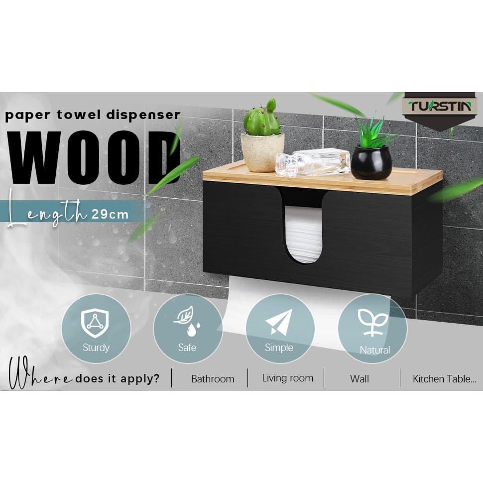 Wood Paper Towel Holder Wall Mount Dispenser Kitchen Napkin Rack Bamboo Lid - Thumbnail 10