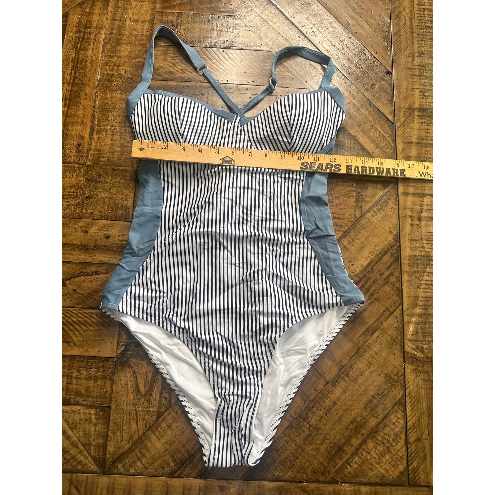 Striped Blue Tummy Control One Piece Swimsuit Crisscross Back Push Up Size M - Thumbnail 7