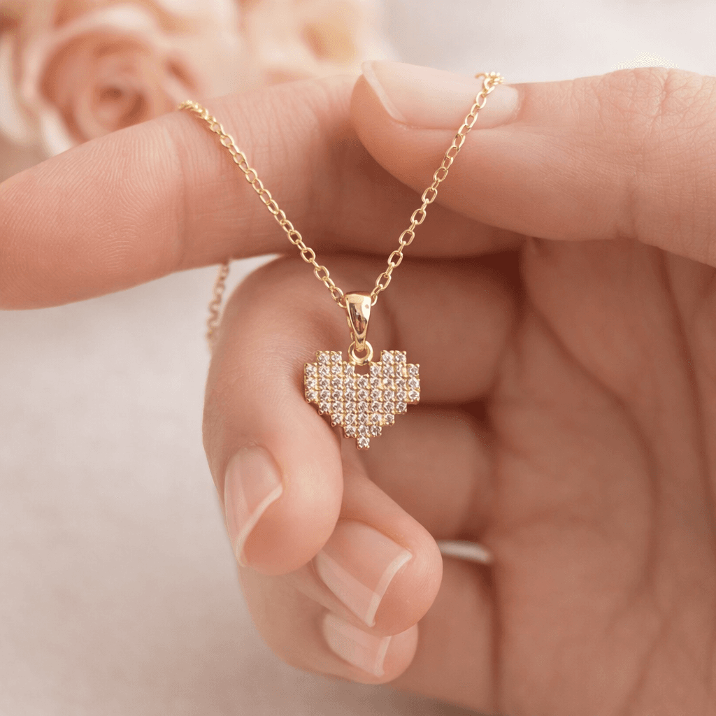 18K Gold Plated Pixel Heart Necklace CZ Stones Adjustable Gift for Her - Thumbnail 3