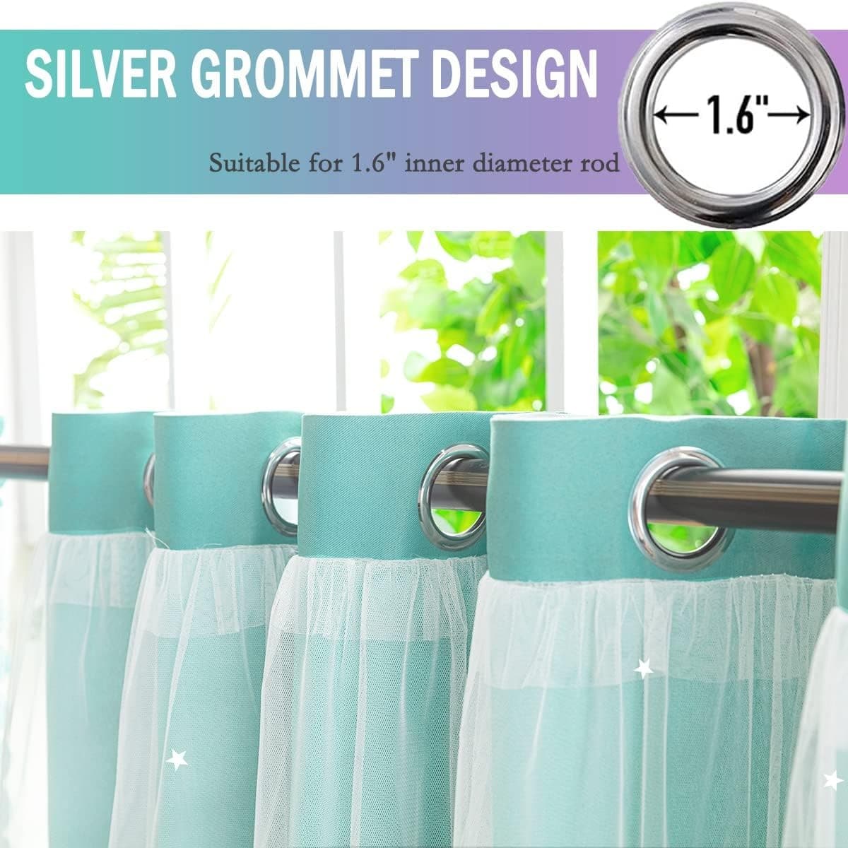 Kids Princess Star Curtains Purple Teal Blackout Sheer 84x52 1 Panel - Thumbnail 3