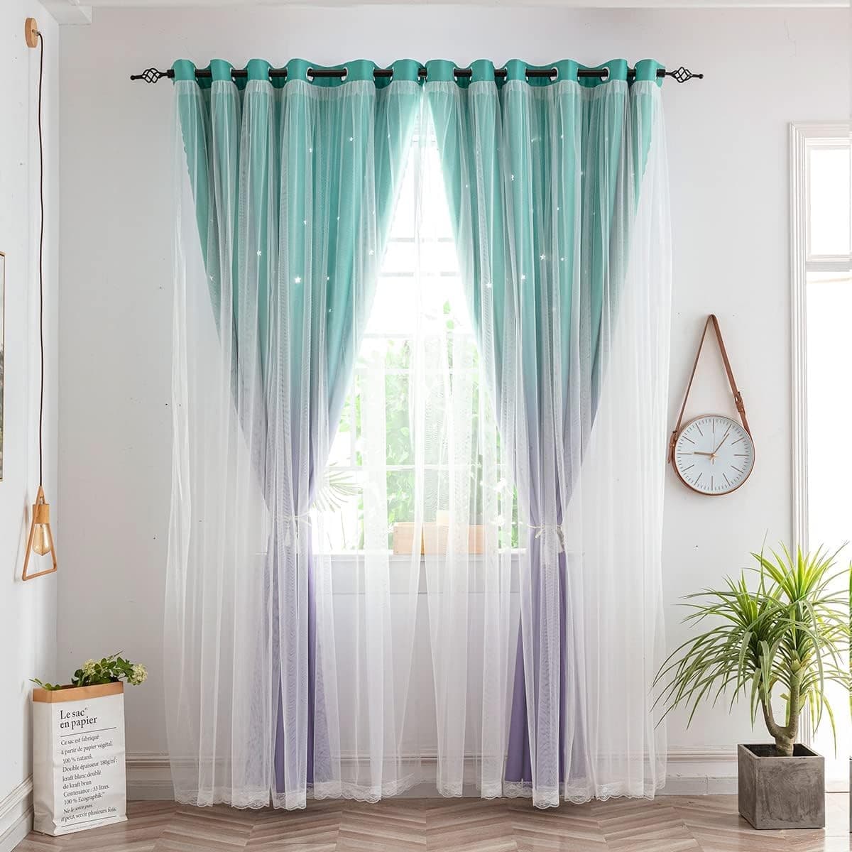 Kids Princess Star Curtains Purple Teal Blackout Sheer 84x52 1 Panel - Thumbnail 2