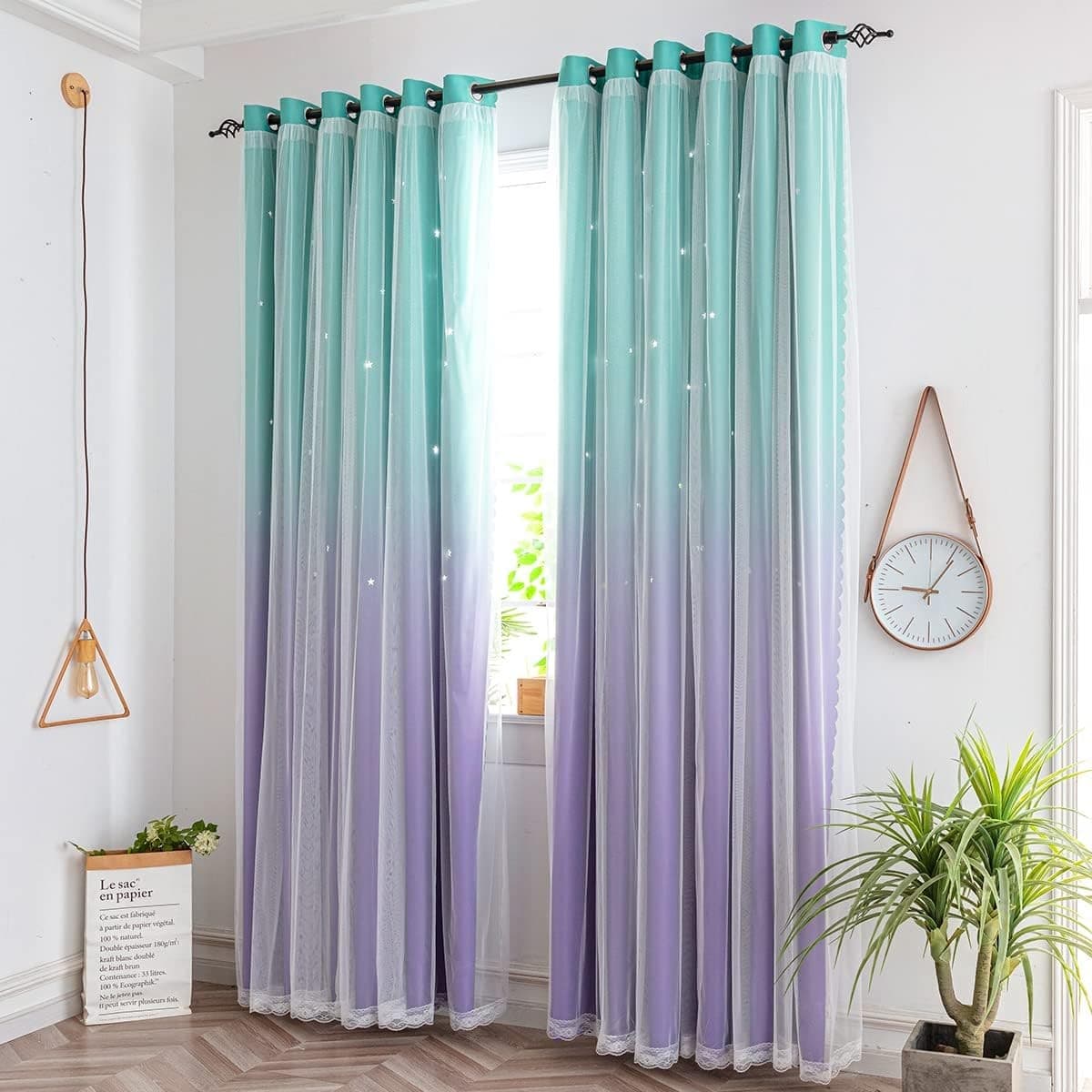 Kids Princess Star Curtains Purple Teal Blackout Sheer 84x52 1 Panel - Thumbnail 7
