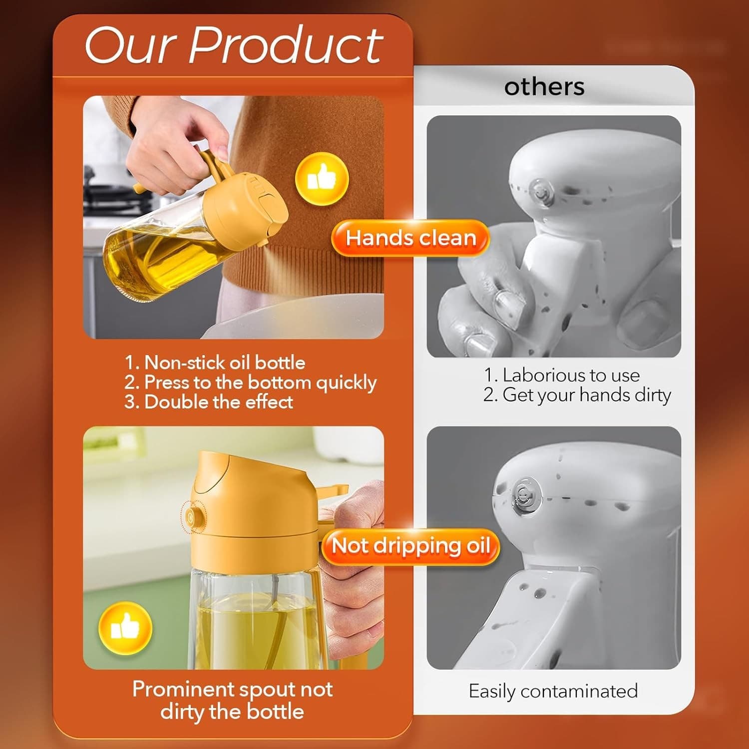 Olive Oil Sprayer & Dispenser 2-in-1 470ml No-Drip Bottle for Cooking BBQ Orange - Thumbnail 4