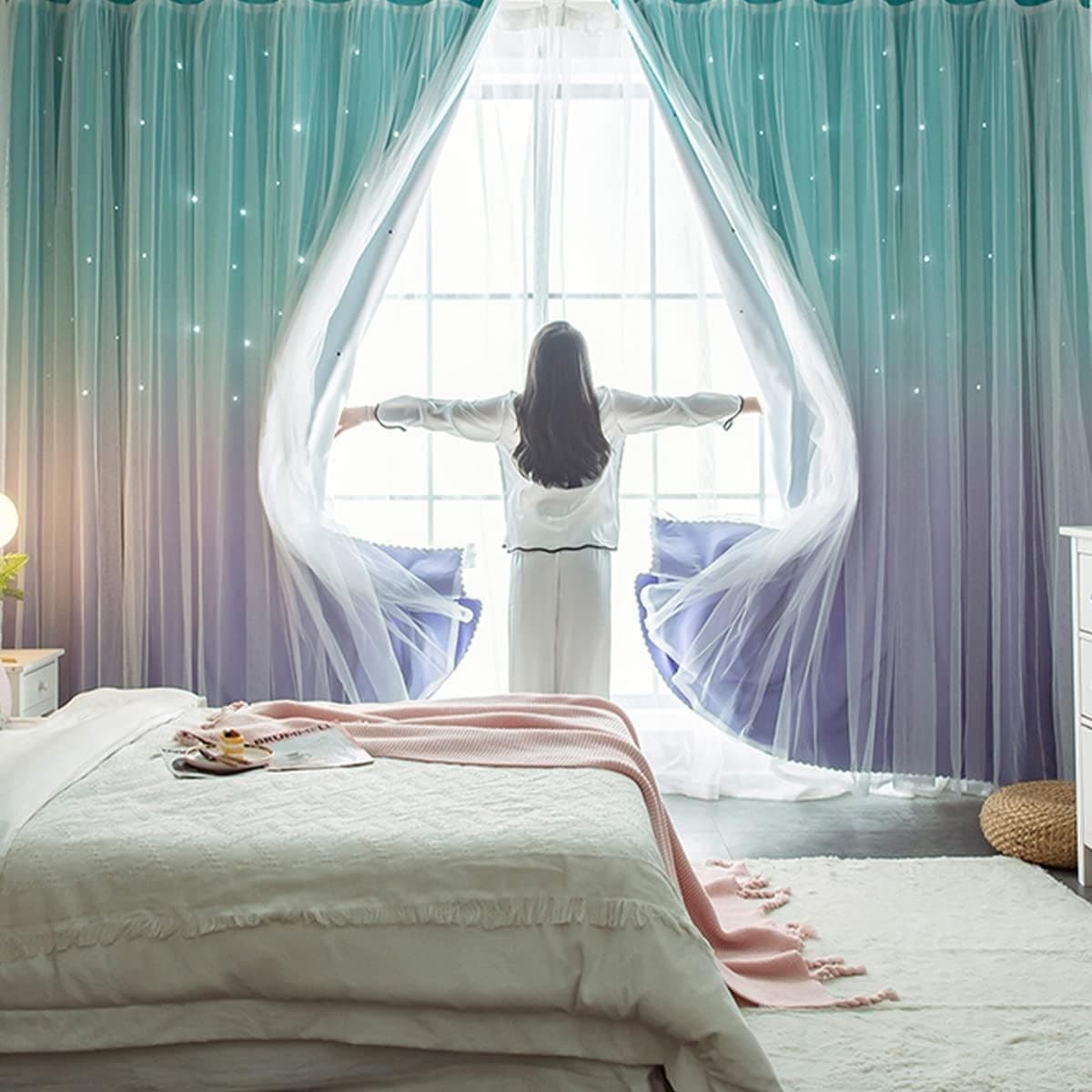 Kids Princess Star Curtains Purple Teal Blackout Sheer 84x52 1 Panel - Thumbnail 5
