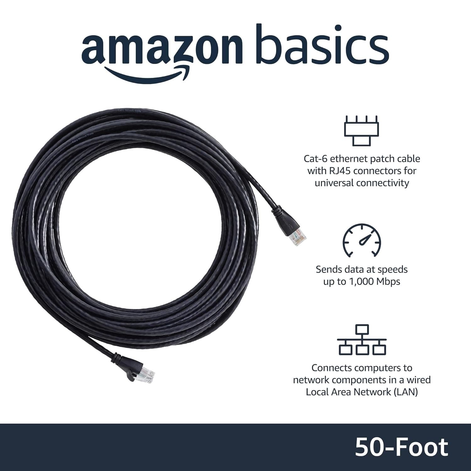 Amazon Basics RJ45 Cat-6 Ethernet Cable 50FT High Speed LAN Network Cord - Thumbnail 5
