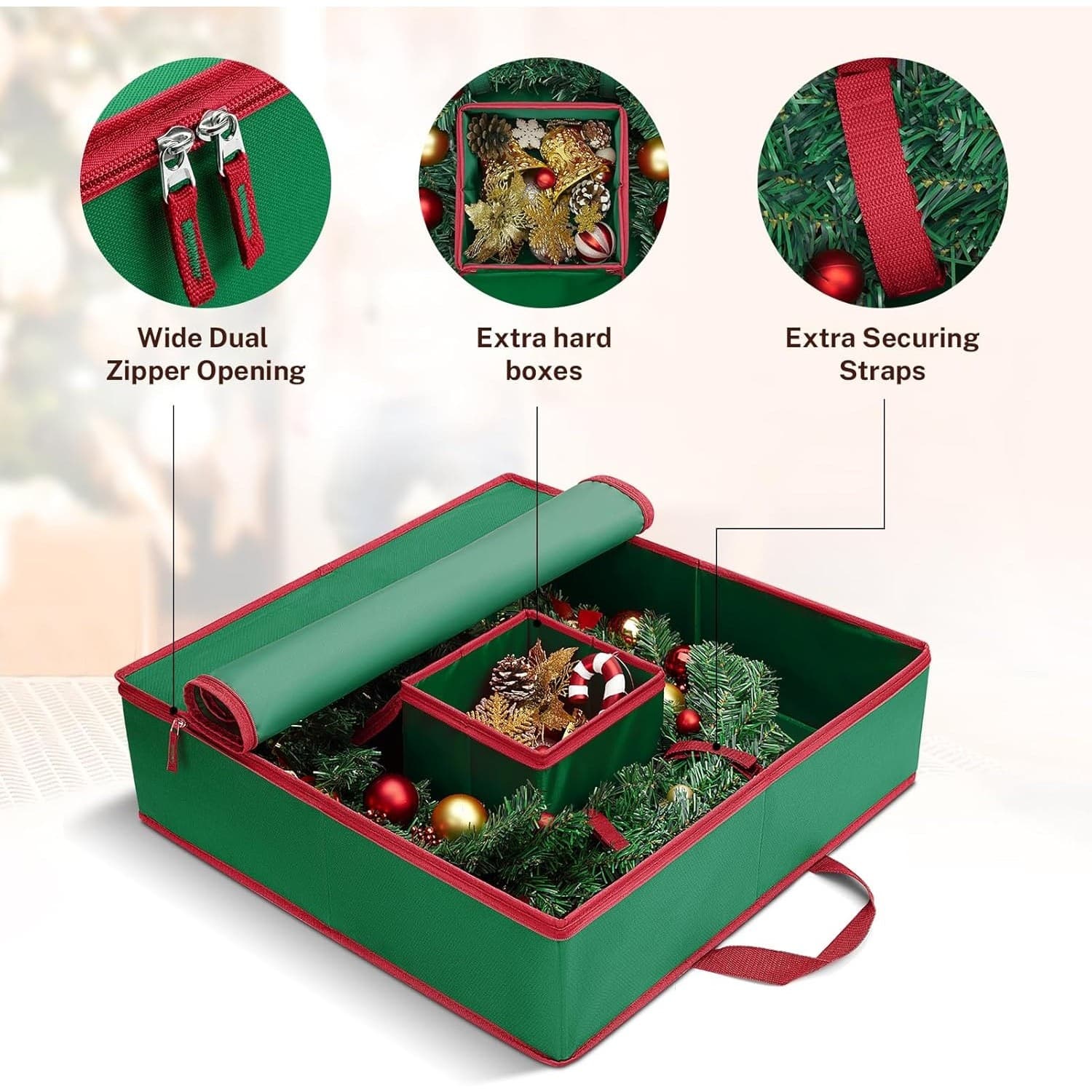 2 Pack 30” Christmas Wreath Storage Boxes Hard Shell 600D Oxford w/ Inner Pocket - Thumbnail 6
