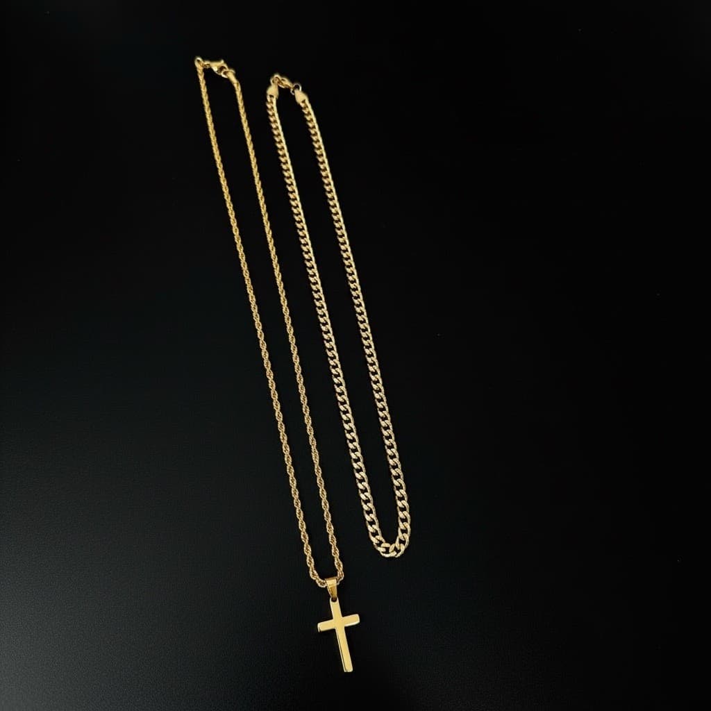 18K Gold Plated Layered Cross Necklace for Men | 18" & 20" Chains | Unisex - Thumbnail 4