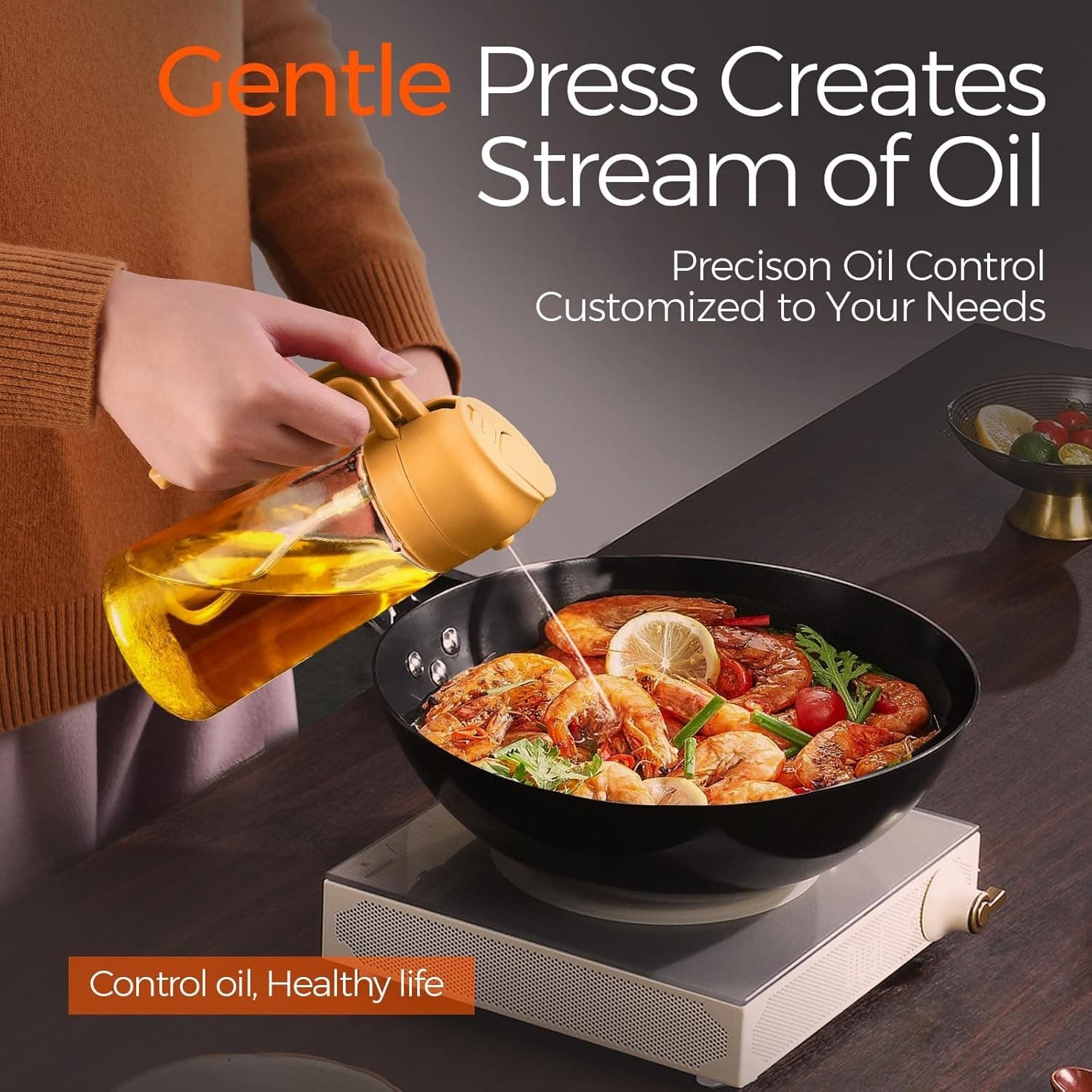 Olive Oil Sprayer & Dispenser 2-in-1 470ml No-Drip Bottle for Cooking BBQ Orange - Thumbnail 7
