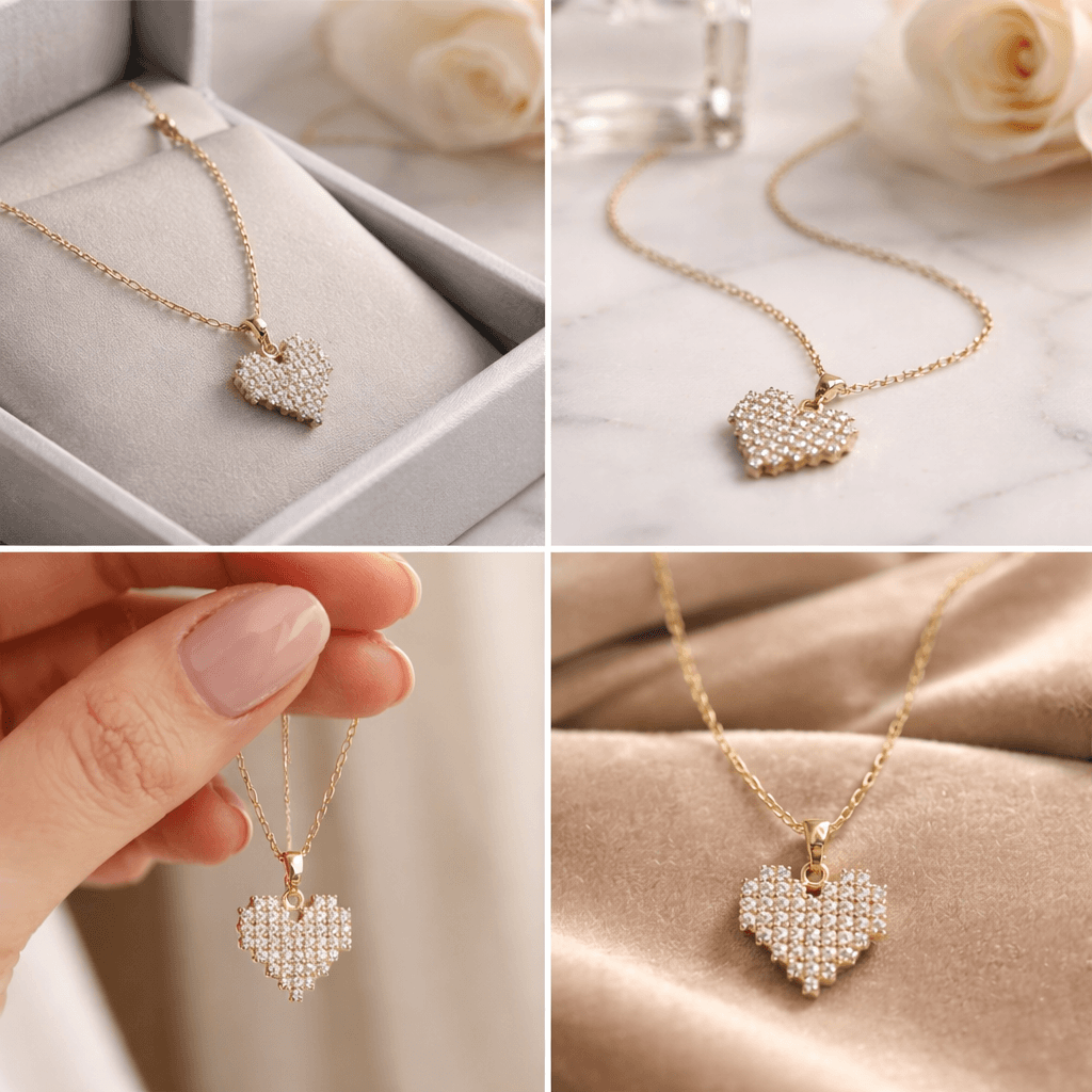 18K Gold Plated Pixel Heart Necklace CZ Stones Adjustable Gift for Her - Thumbnail 2
